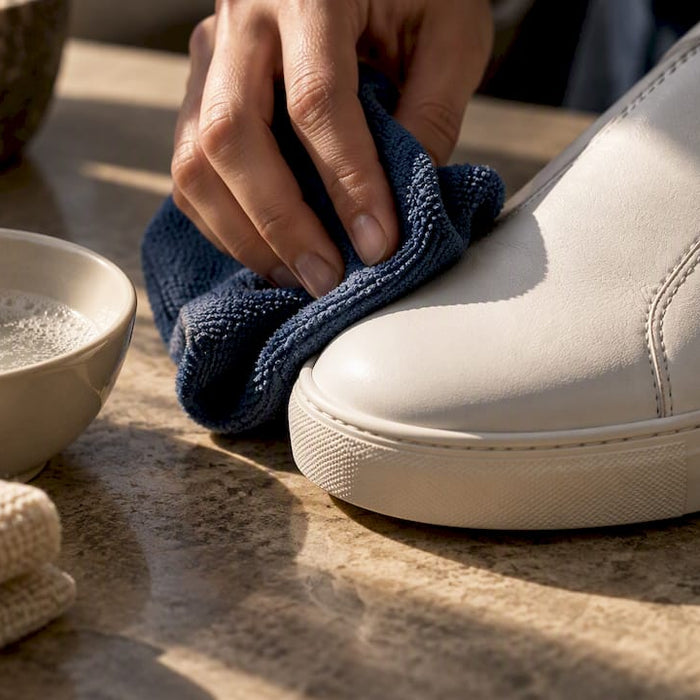 Hands gently cleaning cropped leather sneaker