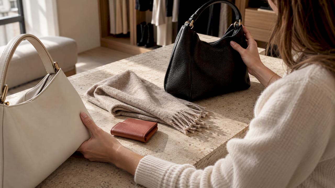 Shopper comparing cropped designer bag details
