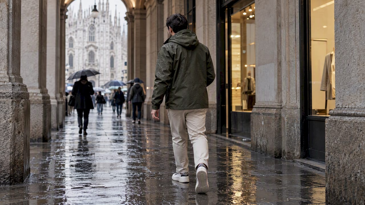Designer rain shell beading water in Milan