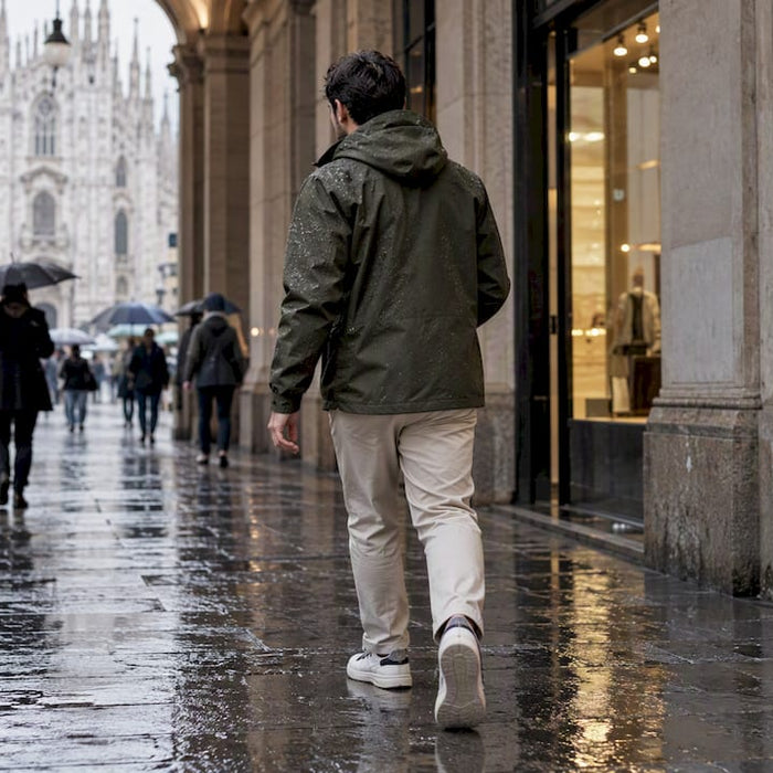 Designer rain shell beading water in Milan