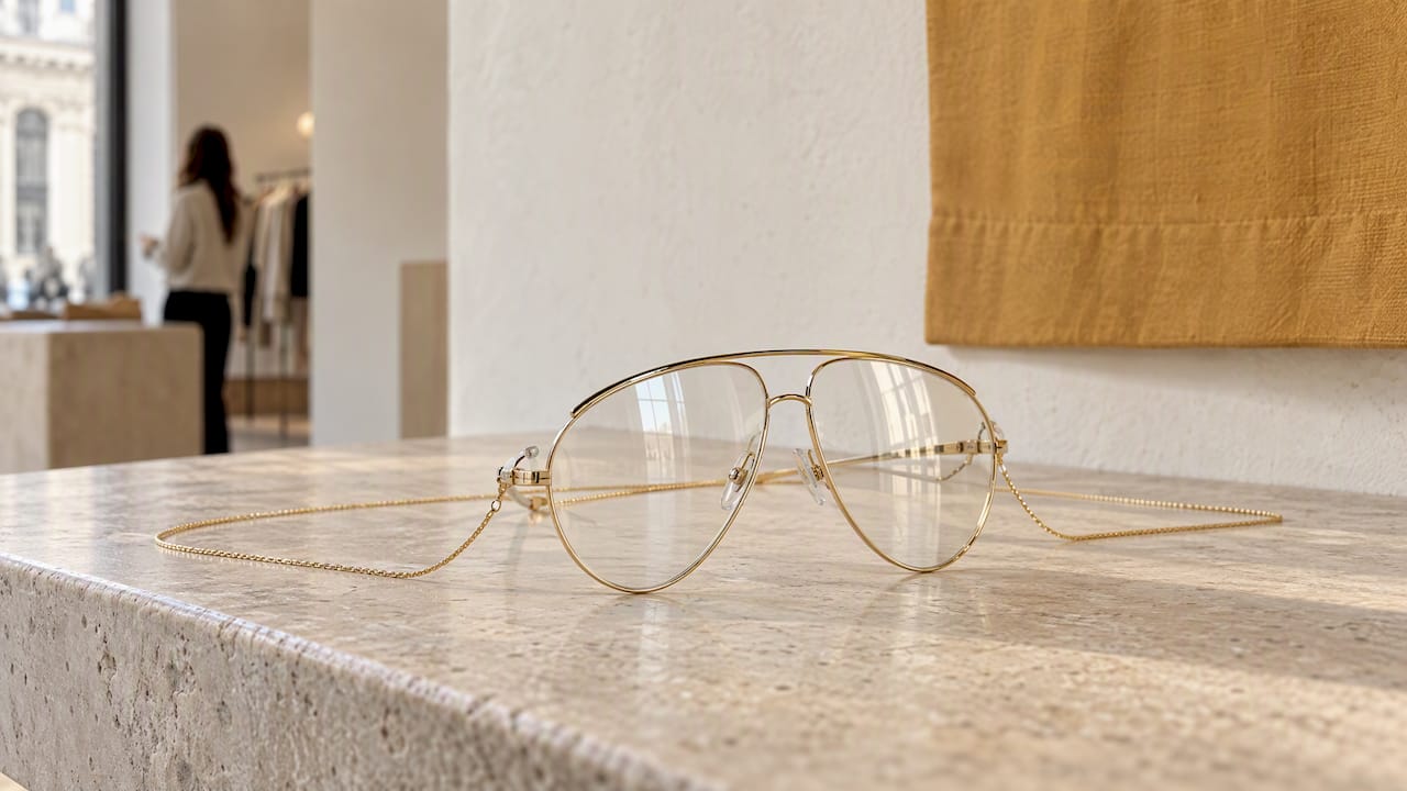 Gucci gold sunglasses on Milan showroom shelf