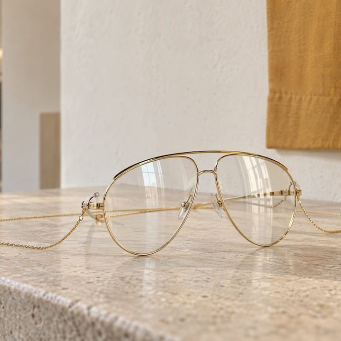 Gucci gold sunglasses on Milan showroom shelf