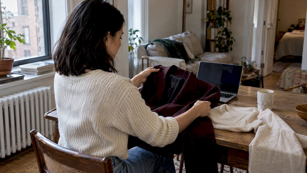 Shopper comparing curated designer garments at home