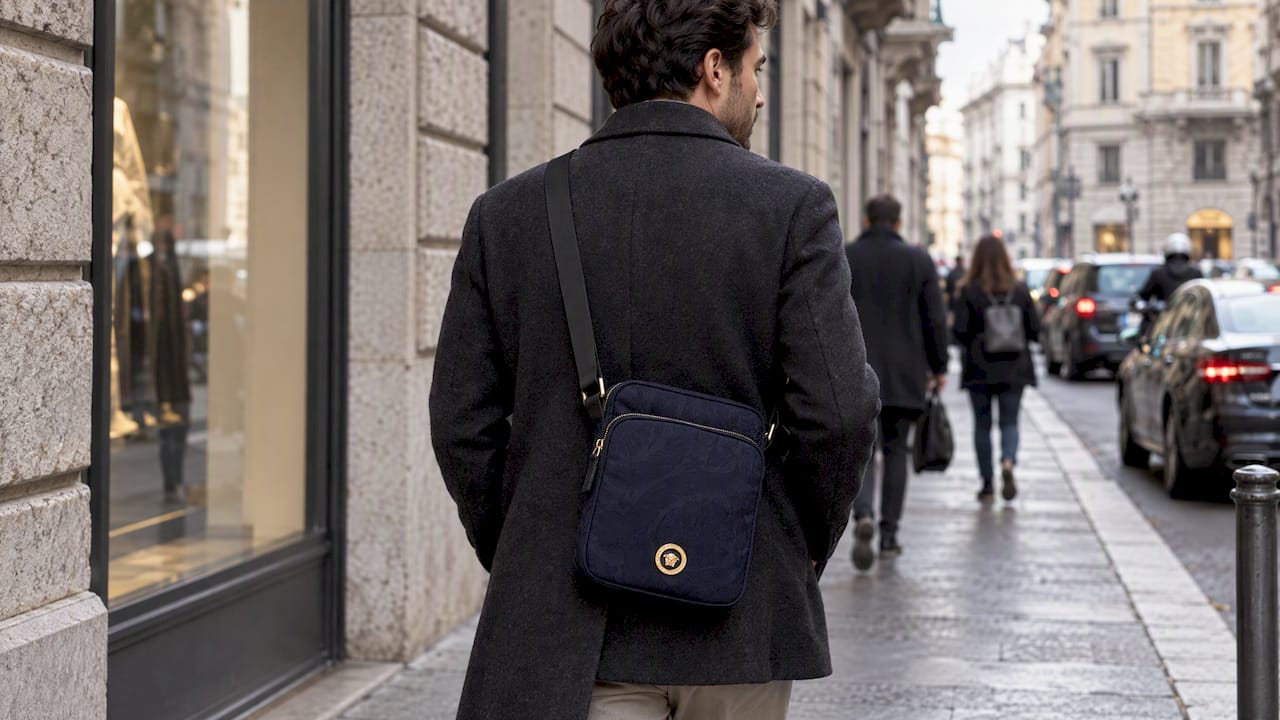 Man wearing a blue Versace crossbody bag