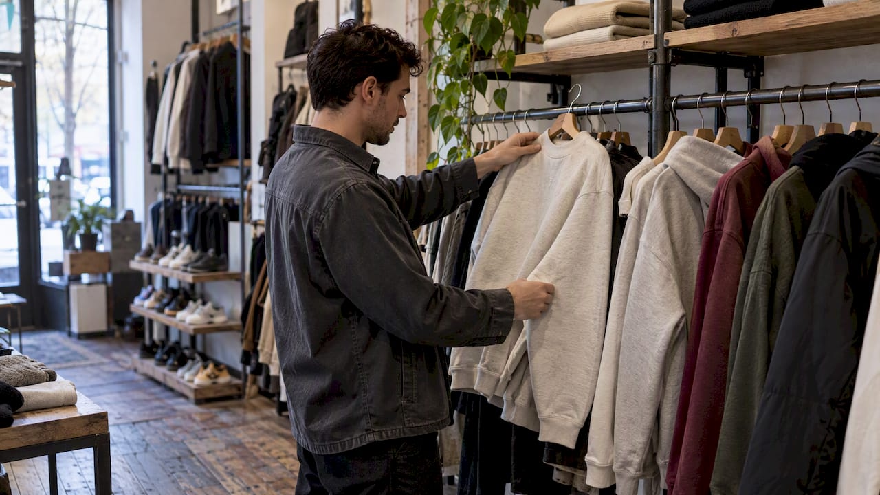Shopper selecting streetwear in a Brooklyn boutique