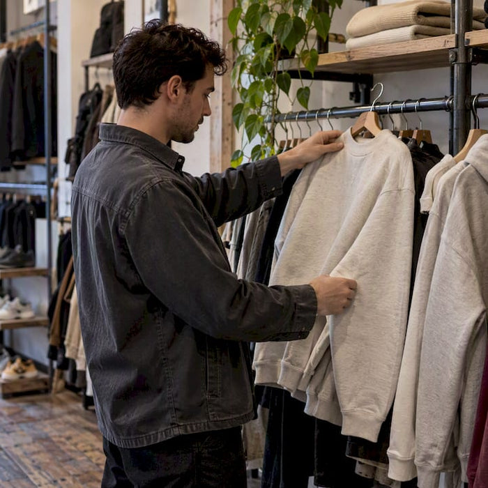 Shopper selecting streetwear in a Brooklyn boutique