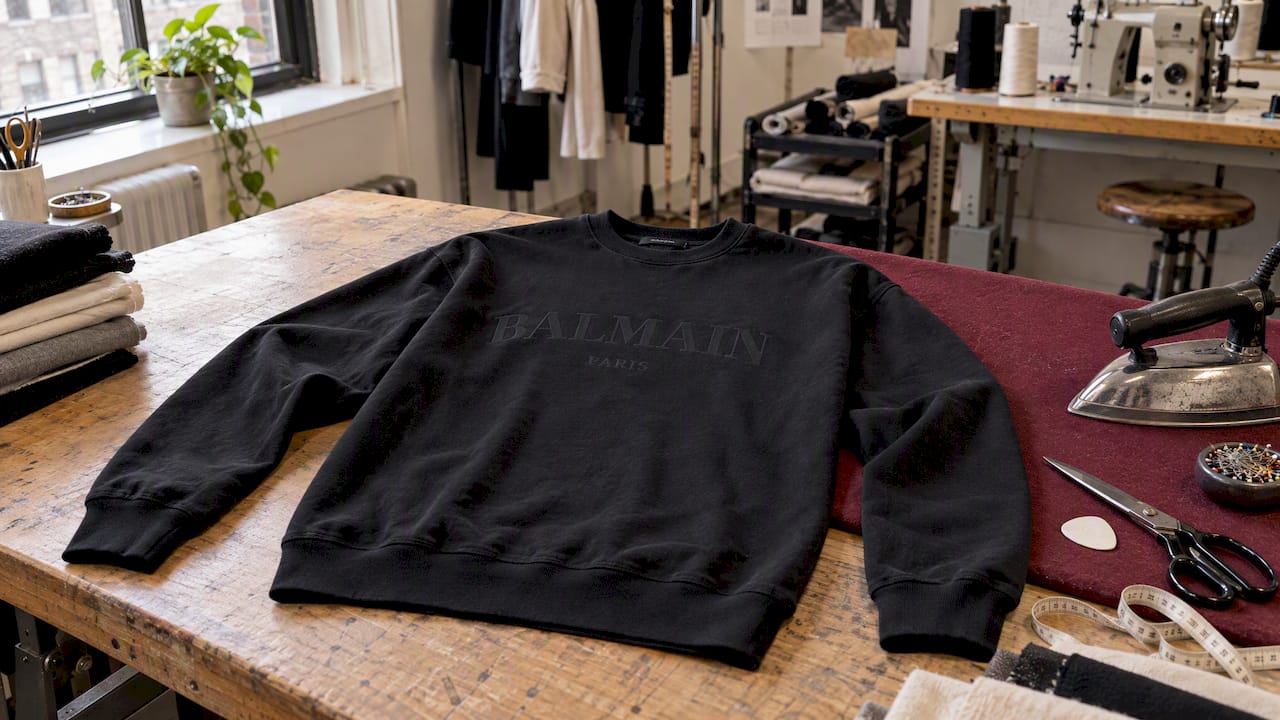 Balmain sweatshirt laid out for authenticity inspection