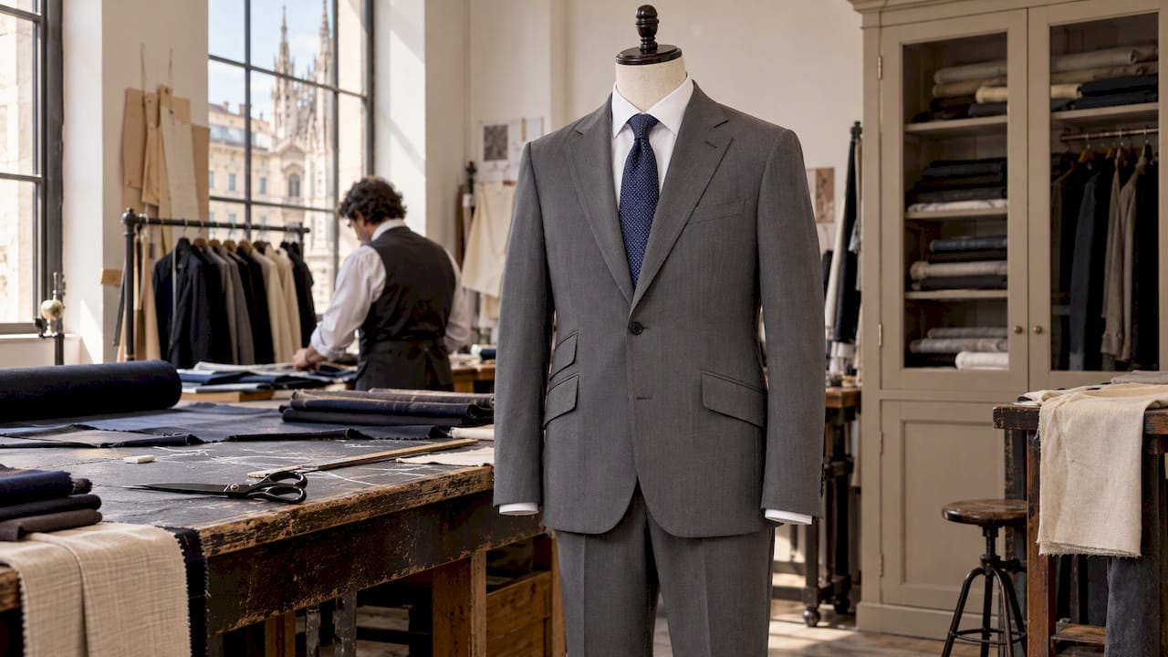 Designer suit displayed in a Milan tailoring atelier