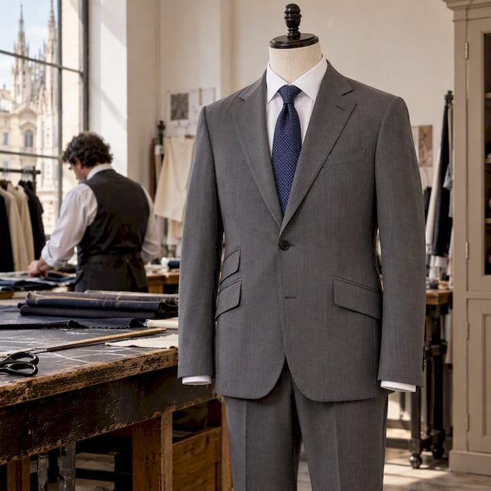Designer suit displayed in a Milan tailoring atelier