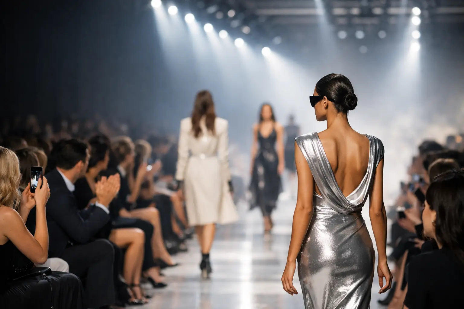 A model walks the runway during Designer Fashion Shows 2026, showcasing a stunning silver dress with an open back, highlighting the refined and luxurious designs of the season.