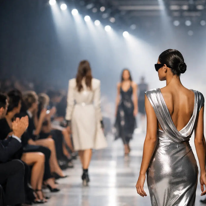 A model walks the runway during Designer Fashion Shows 2026, showcasing a stunning silver dress with an open back, highlighting the refined and luxurious designs of the season.