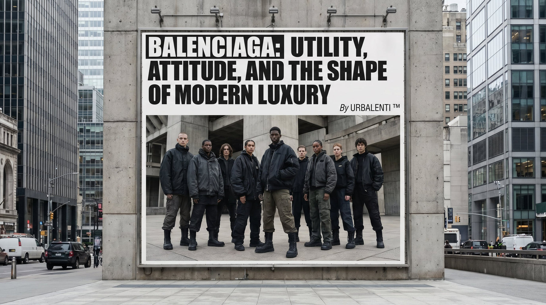 A striking advertisement for 'Balenciaga: Utility, Attitude, and the Shape of Modern Luxury' featuring a diverse group of individuals dressed in Balenciaga clothing, set against a modern urban backdrop.