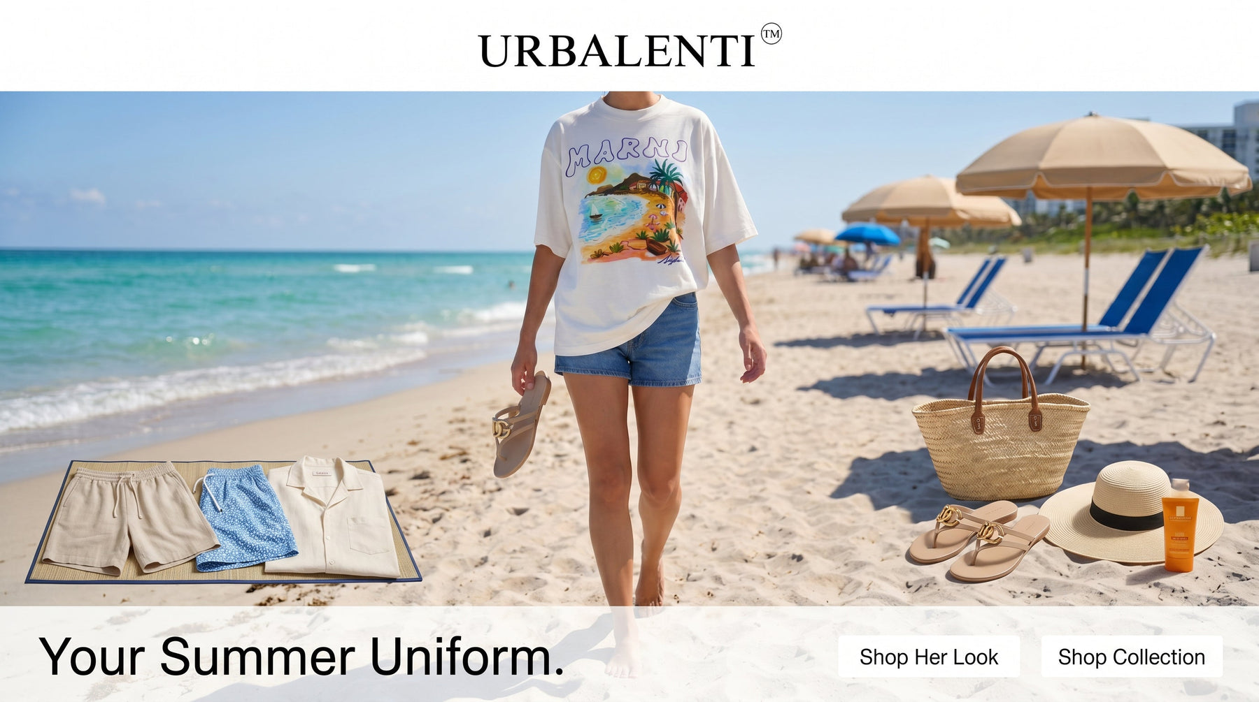 A sunny beach scene showcasing stylish beachwear with a focus on designer swimwear essentials, including summer outfits and beach accessories for a perfect summer experience.