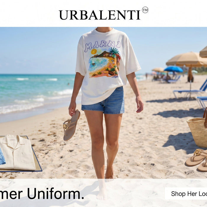 A sunny beach scene showcasing stylish beachwear with a focus on designer swimwear essentials, including summer outfits and beach accessories for a perfect summer experience.