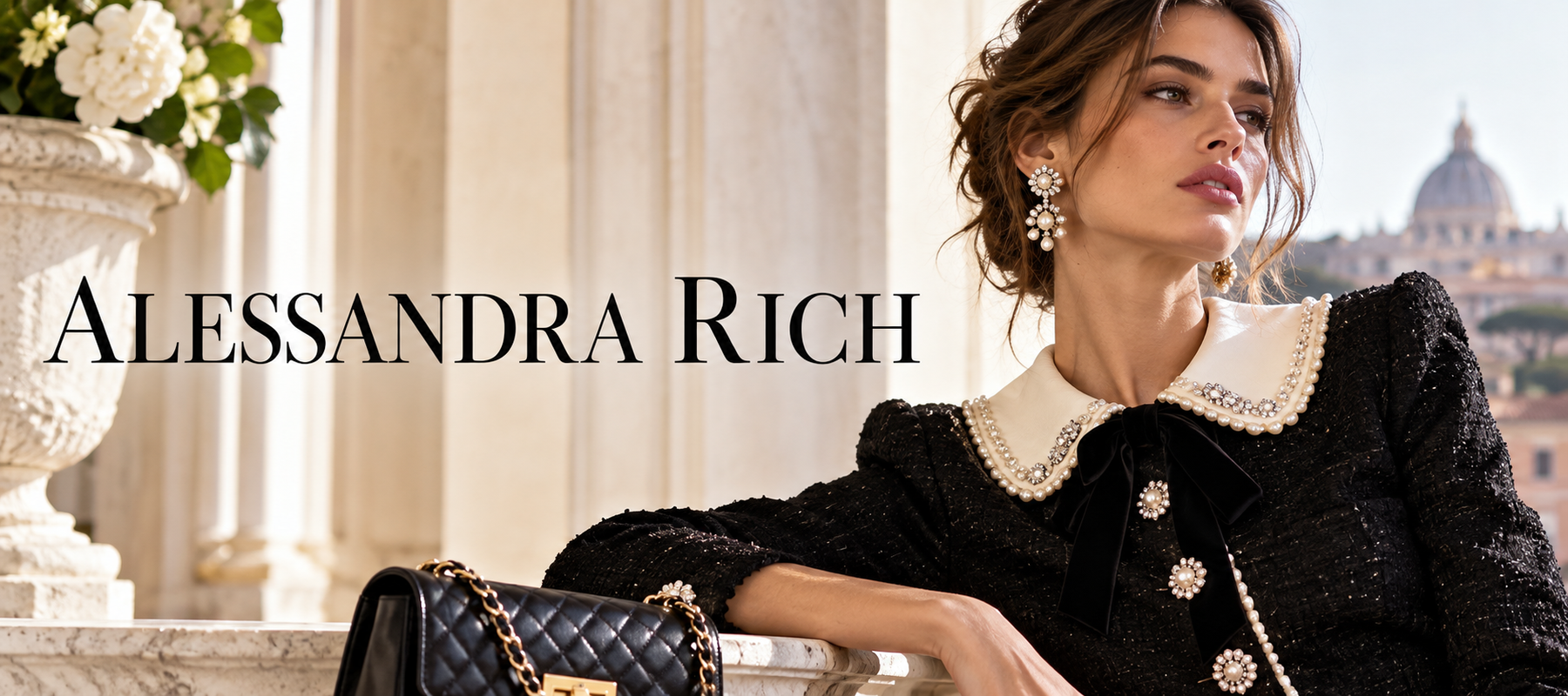 Alessandra Rich Designer Fashion from Italy featuring a woman in a black embellished dress with a pearl collar, crystal brooches, and quilted handbag in an elegant Italian setting