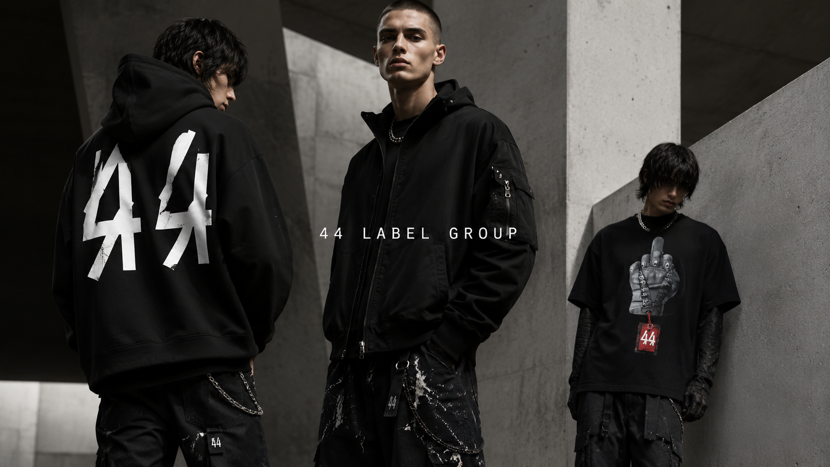 Stylish models showcasing 44 Label Group clothing in a contemporary urban setting, highlighting the brand's unique designs and streetwear aesthetics.