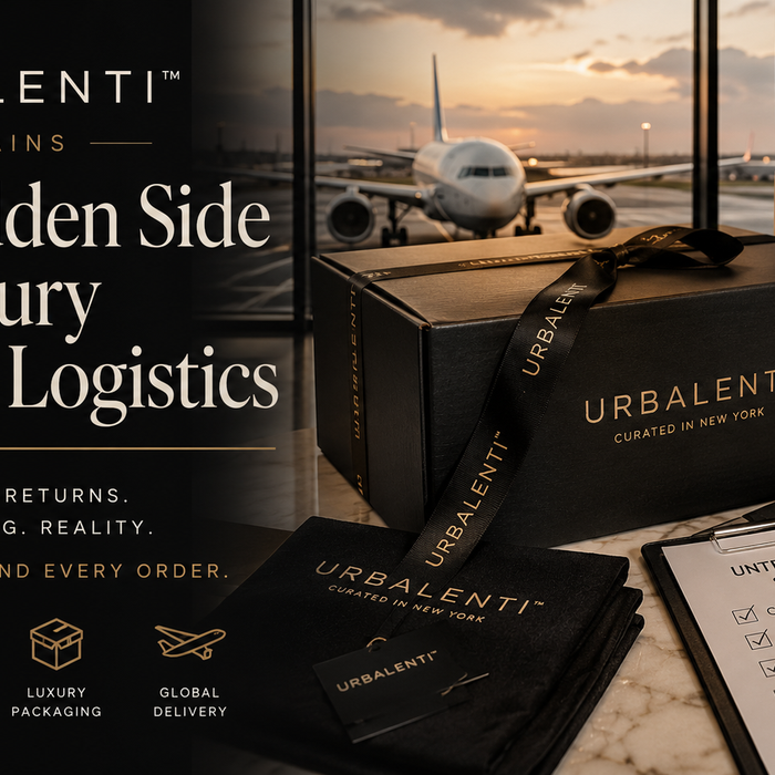 URBALENTI™ Explains: The Hidden Side of Luxury Fashion Logistics, showcasing a luxury package with DHL Express, emphasizing international shipping, customs, duties, and the journey behind every order.