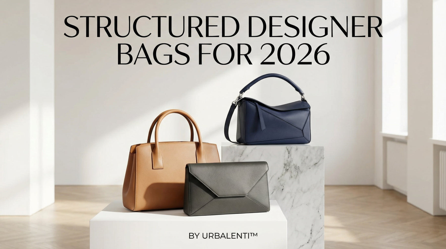 Structured Designer Bags for 2026 featuring three distinct bags on a marble pedestal, showcasing the clean lines and polished silhouette that define the latest trends in luxury accessories.