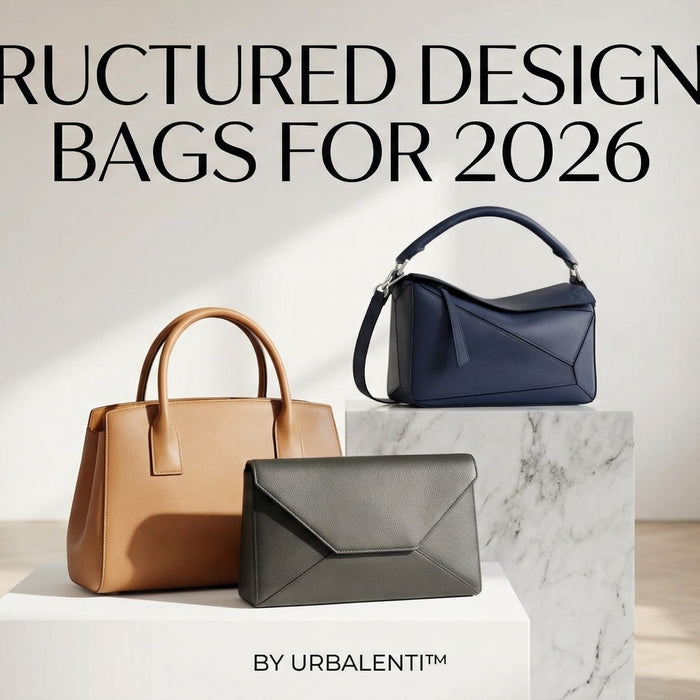 Structured Designer Bags for 2026 featuring three distinct bags on a marble pedestal, showcasing the clean lines and polished silhouette that define the latest trends in luxury accessories.