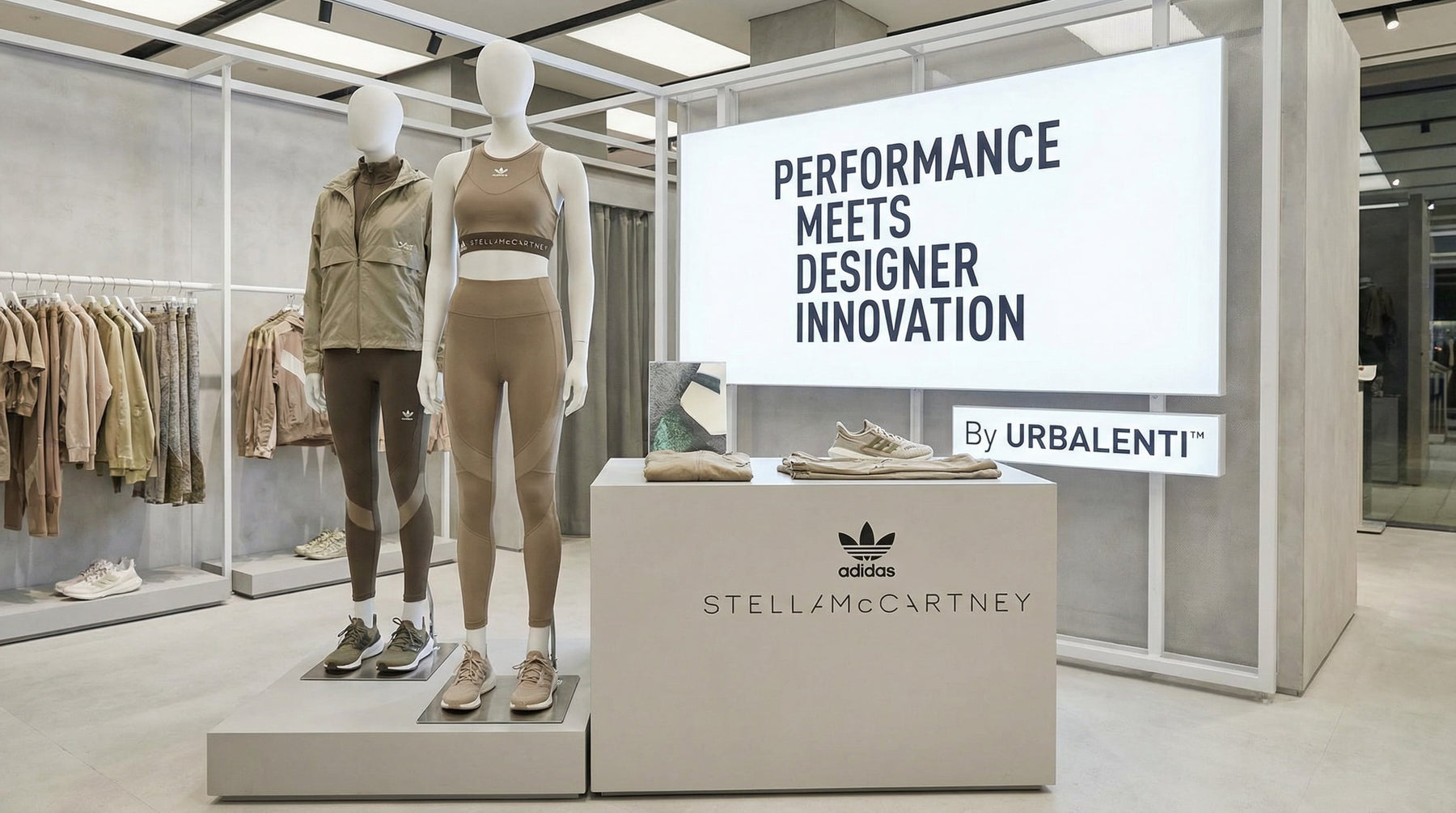 Adidas by Stella McCartney: Performance Meets Designer Innovation—Adidas by Stella McCartney showroom display featuring mannequins in luxury designer activewear and the Adidas x Stella McCartney “PERFORMANCE MEETS DESIGNER INNOVATION” sign, by URBALENTI.