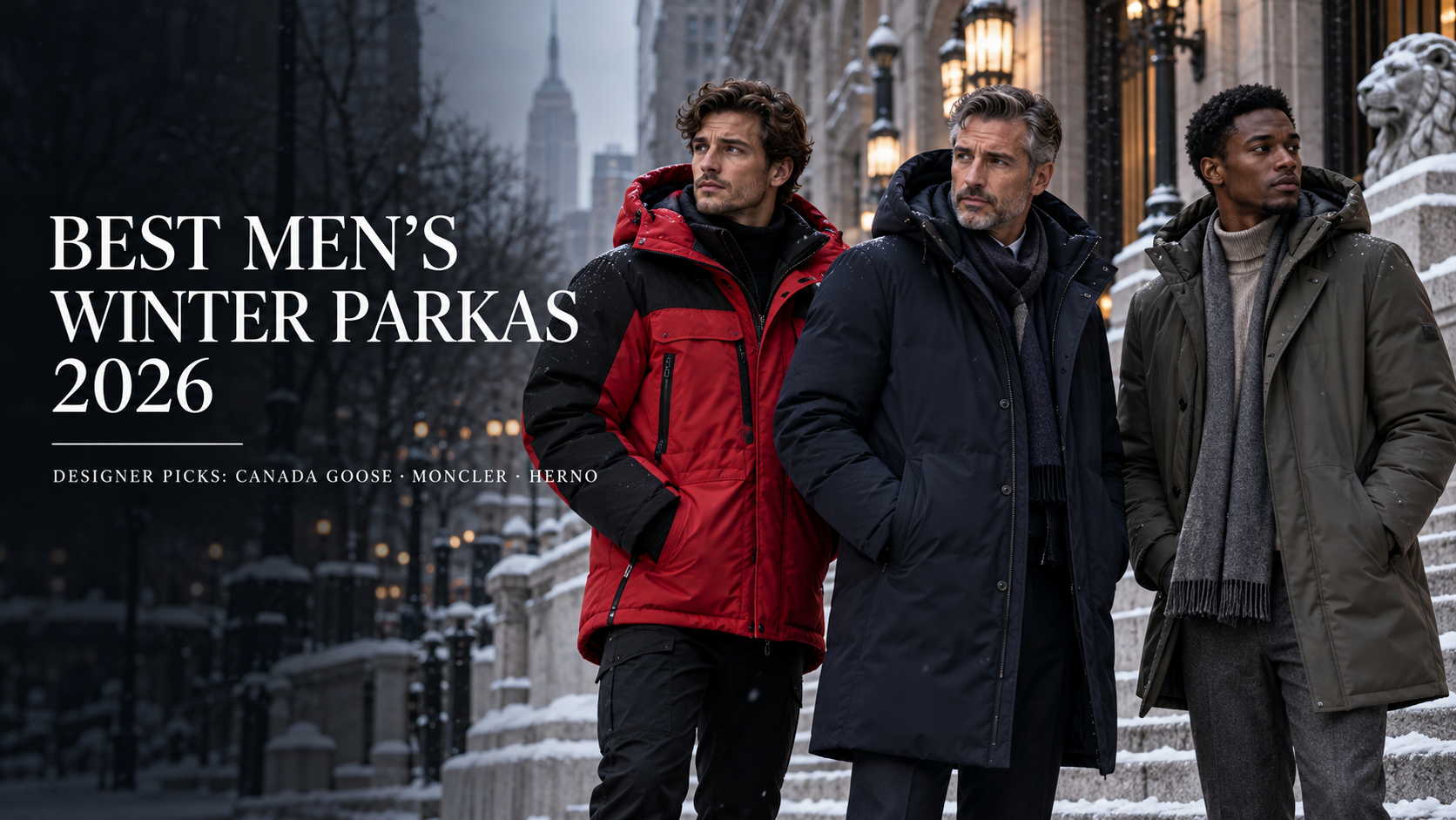 Three men wearing stylish red, navy, and olive winter coats on a snowy city street, featured in Best Men’s Winter Parkas 2026: Designer Picks from Moncler and more at Urbalenti, a guide to men’s winter parkas.