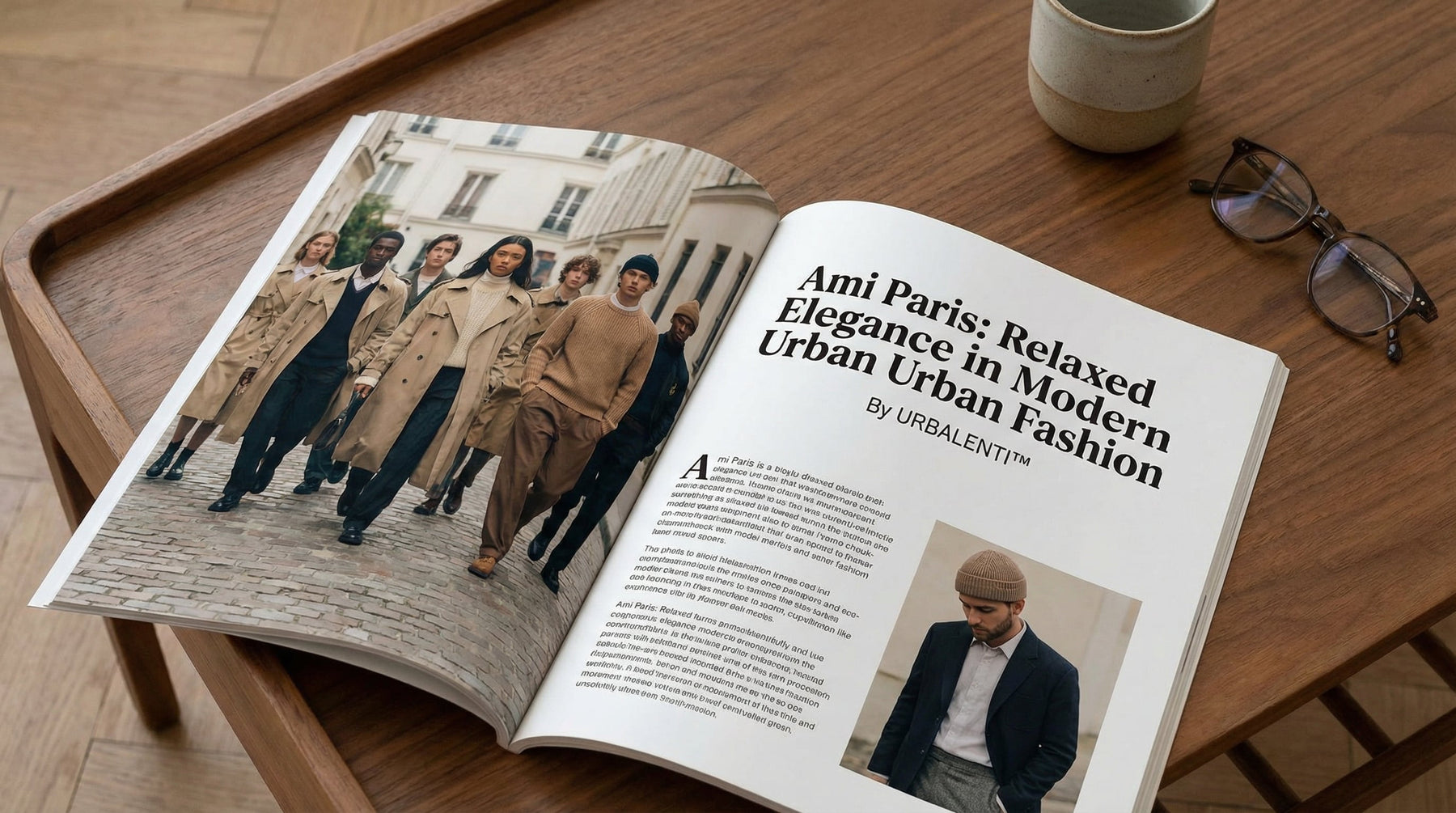 Ami Paris: Relaxed Elegance in Modern Urban Fashion book layout showing Ami Paris street-style editorial for men and URBALENTI NYC Edit