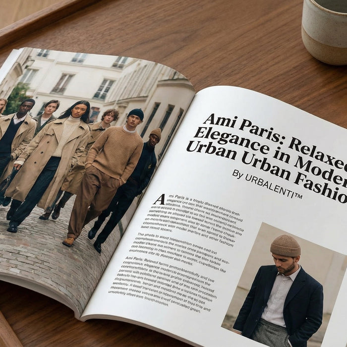 Ami Paris: Relaxed Elegance in Modern Urban Fashion book layout showing Ami Paris street-style editorial for men and URBALENTI NYC Edit