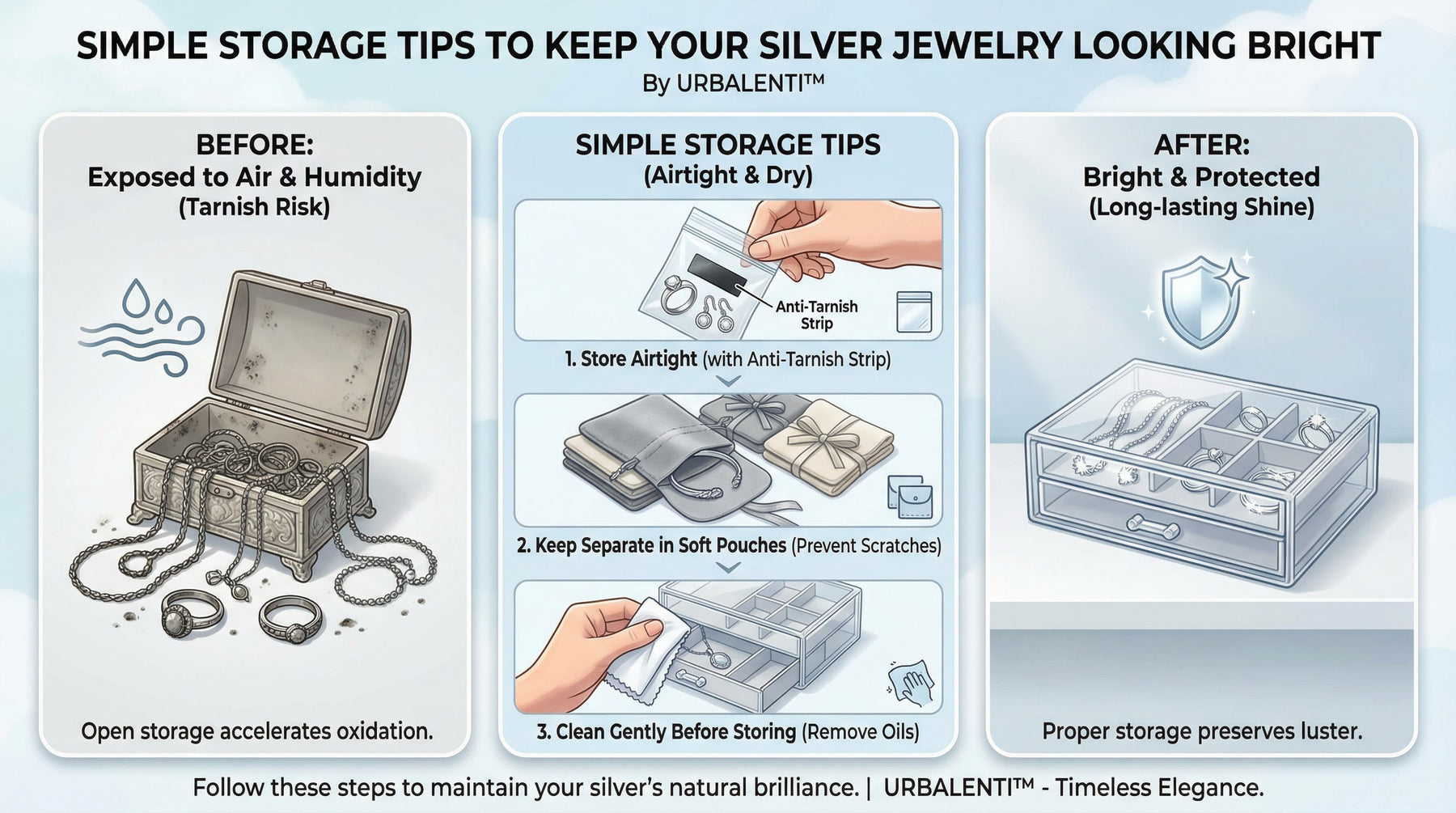 Simple Storage Tips to Keep Your Sterling Silver Jewelry - An elegant display of assorted sterling silver necklaces, bracelets, and rings highlighting the beauty and versatility of sterling silver jewelry.