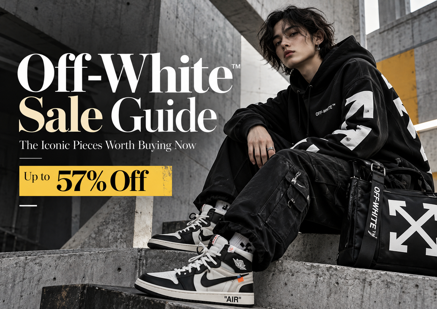 Off-White Sale Guide: Iconic Pieces Worth Buying Now featuring a model in black Off-White streetwear and signature sneakers, promoting an Off-White sale—Shop online Off-White clothing, shoes, accessories and bags at Urbalenti shipped from Europe.