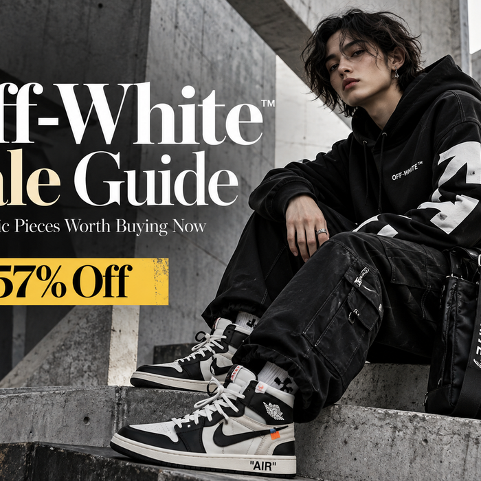 Off-White Sale Guide: Iconic Pieces Worth Buying Now featuring a model in black Off-White streetwear and signature sneakers, promoting an Off-White sale—Shop online Off-White clothing, shoes, accessories and bags at Urbalenti shipped from Europe.