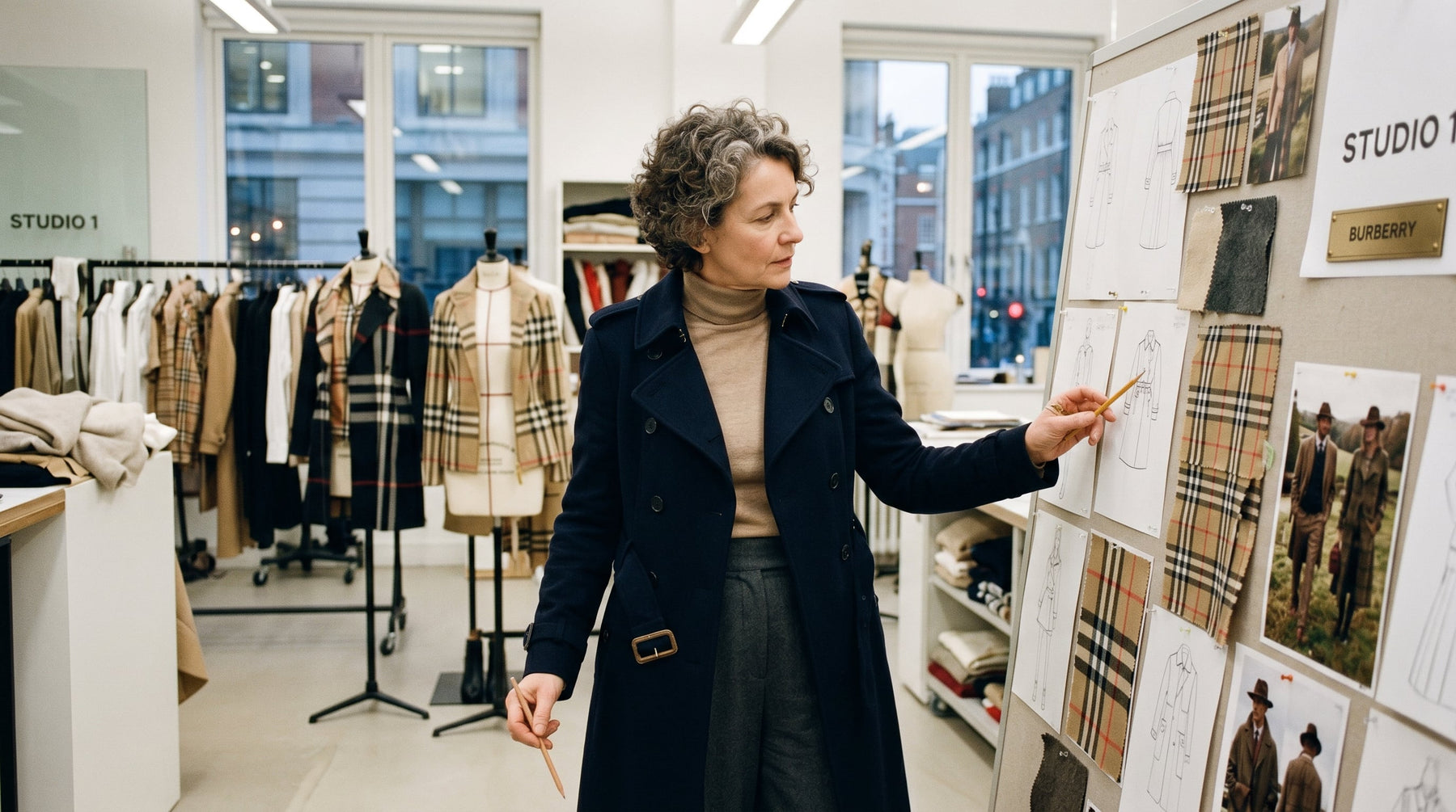 A Burberry Fashion Designer at work in a stylish studio, reviewing design sketches with classic Burberry patterns in the background, reflecting the iconic brand's commitment to luxury and craftsmanship.