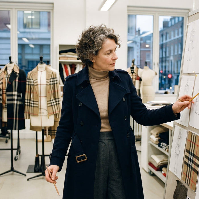 A Burberry Fashion Designer at work in a stylish studio, reviewing design sketches with classic Burberry patterns in the background, reflecting the iconic brand's commitment to luxury and craftsmanship.