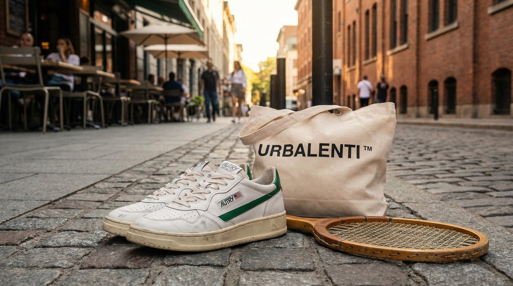 Autry sneakers displayed outdoors on a cobblestone street, alongside a stylish tote bag and a tennis racket, showcasing the brand's blend of vintage tennis heritage in modern urban footwear.