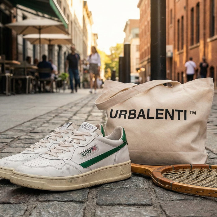 Autry sneakers displayed outdoors on a cobblestone street, alongside a stylish tote bag and a tennis racket, showcasing the brand's blend of vintage tennis heritage in modern urban footwear.