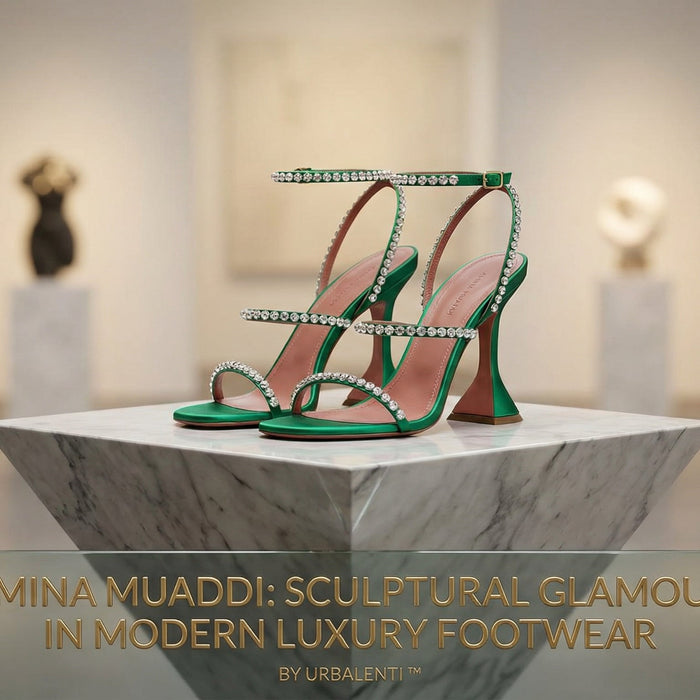 Amina Muaddi sculptural glamour in modern luxury footwear—green embellished heeled sandals by URBALENTI on a marble pedestal for an elevated statement look, Amina Muaddi, URBALENTI