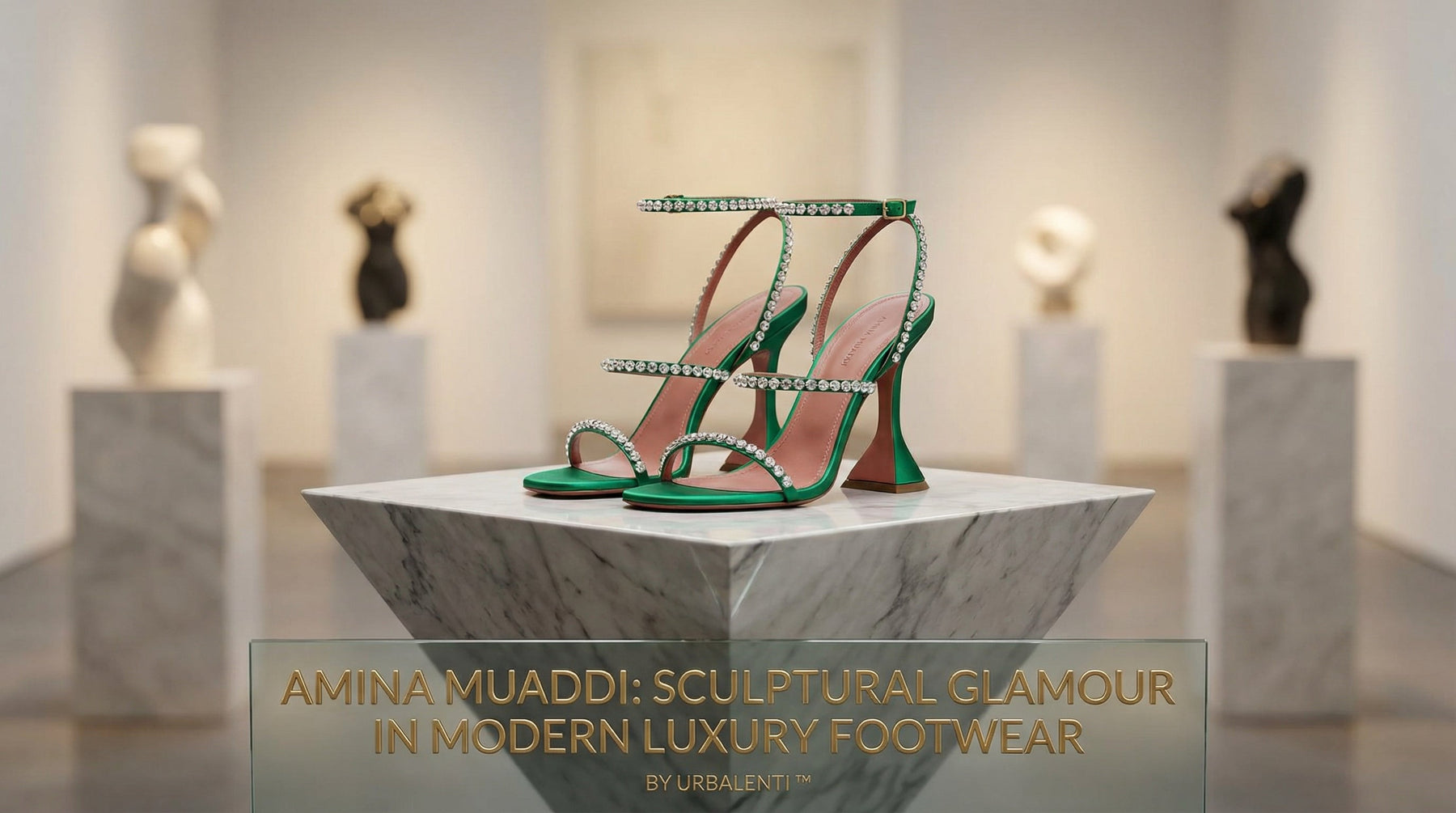 Amina Muaddi sculptural glamour in modern luxury footwear—green embellished heeled sandals by URBALENTI on a marble pedestal for an elevated statement look, Amina Muaddi, URBALENTI
