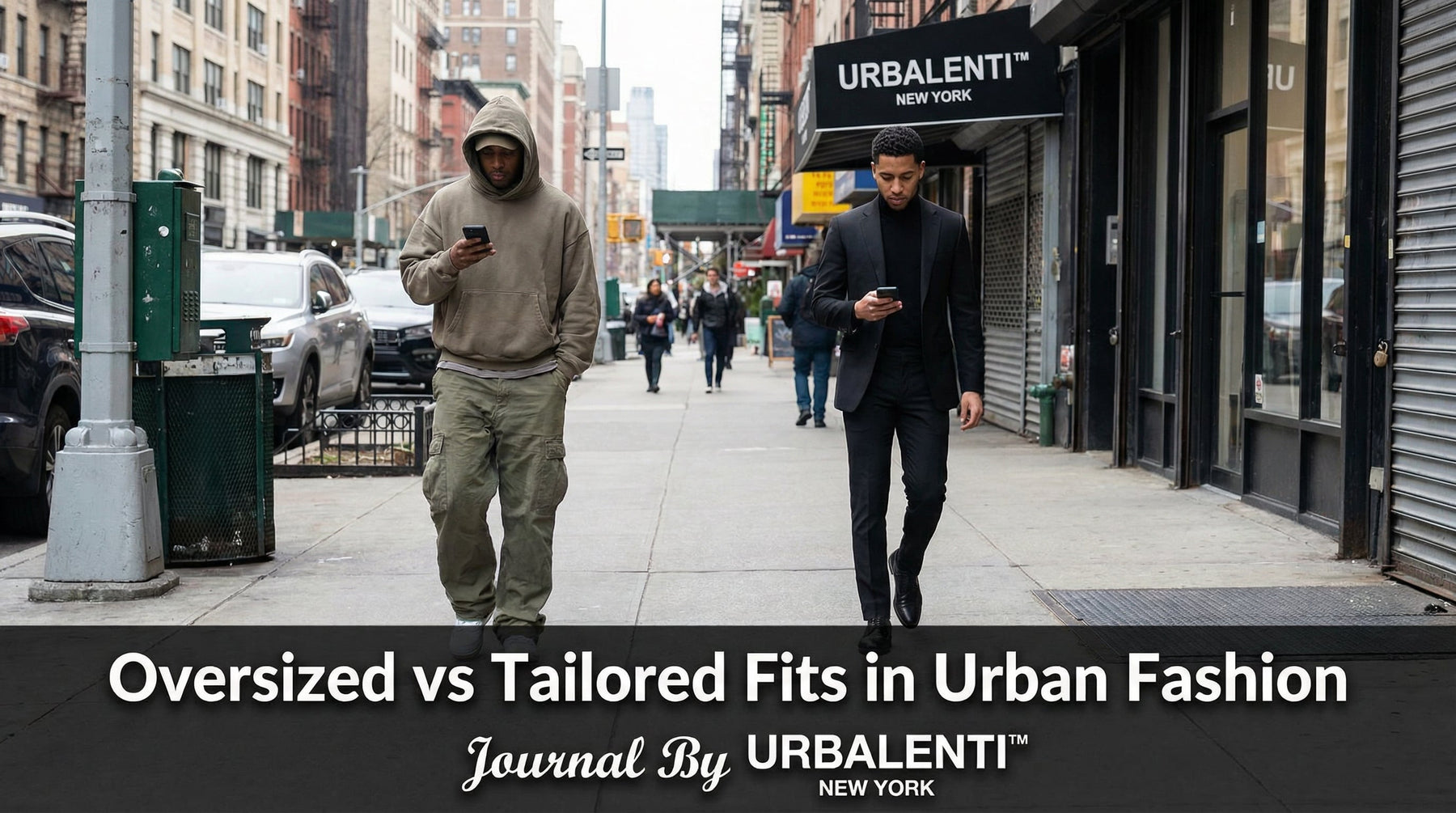 Two individuals walking on a city street showcasing contrasting styles illustrating Oversized vs Tailored Fits in Urban Fashion. The image highlights the differences and modern applications of oversized and tailored fits in urban fashion trends.