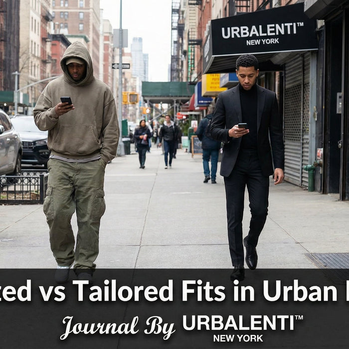 Two individuals walking on a city street showcasing contrasting styles illustrating Oversized vs Tailored Fits in Urban Fashion. The image highlights the differences and modern applications of oversized and tailored fits in urban fashion trends.