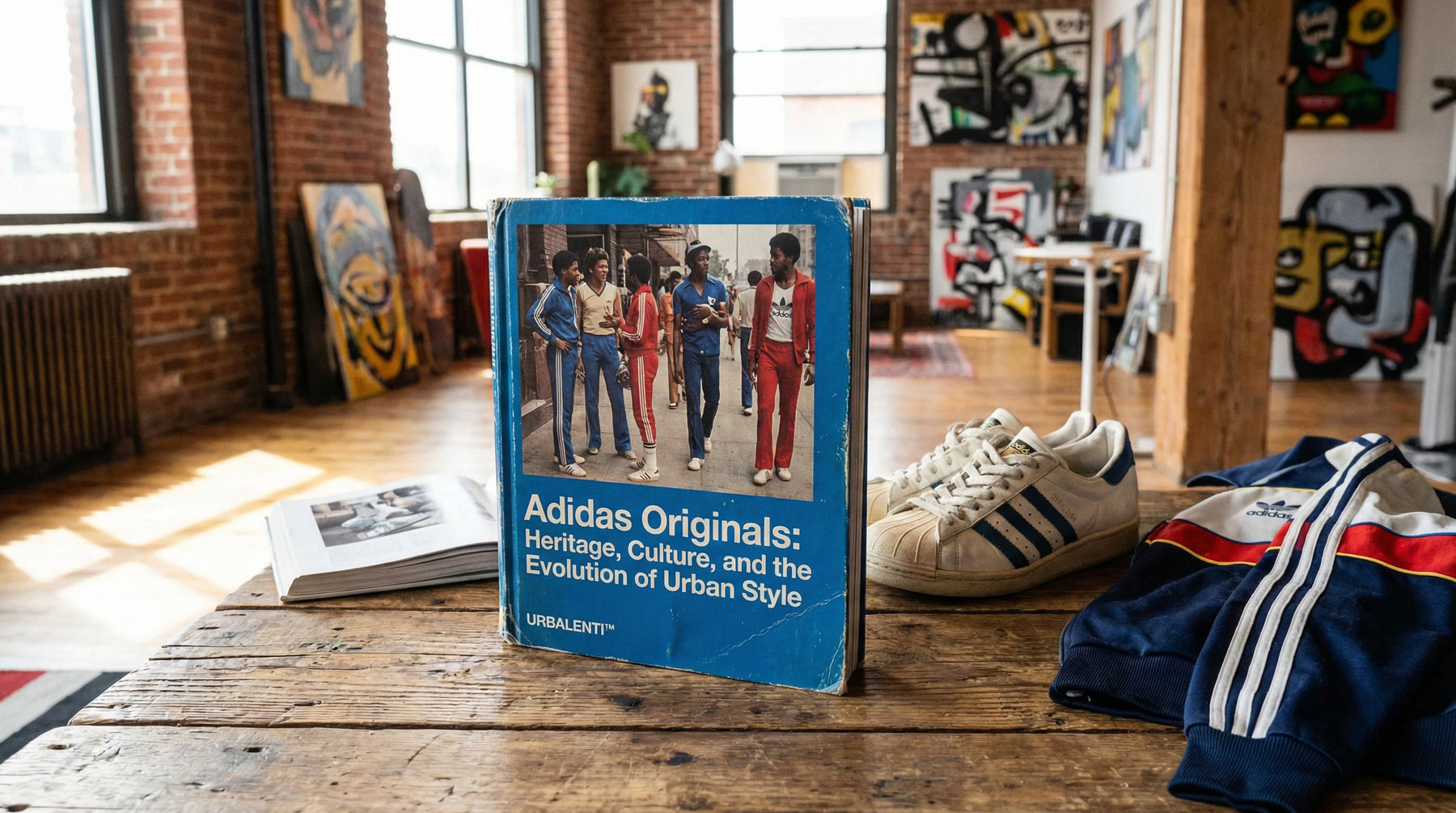 Adidas Originals: Heritage, Culture, and Urban Style, URBALENTI—book on an urban loft table with classic adidas Originals sneakers and sporty streetwear vibes
