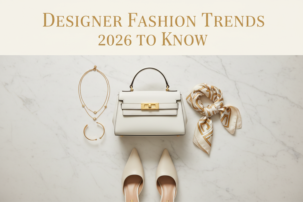 A stylish flat lay showcasing a designer handbag, elegant heels, jewelry, and a silk scarf that exemplify Designer Fashion Trends 2026, emphasizing luxury, sophistication, and modern aesthetics.
