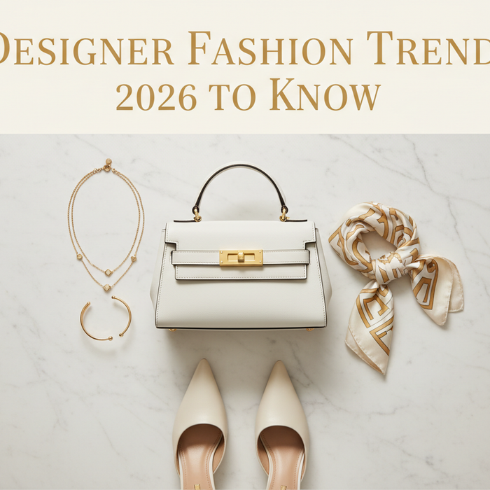 A stylish flat lay showcasing a designer handbag, elegant heels, jewelry, and a silk scarf that exemplify Designer Fashion Trends 2026, emphasizing luxury, sophistication, and modern aesthetics.