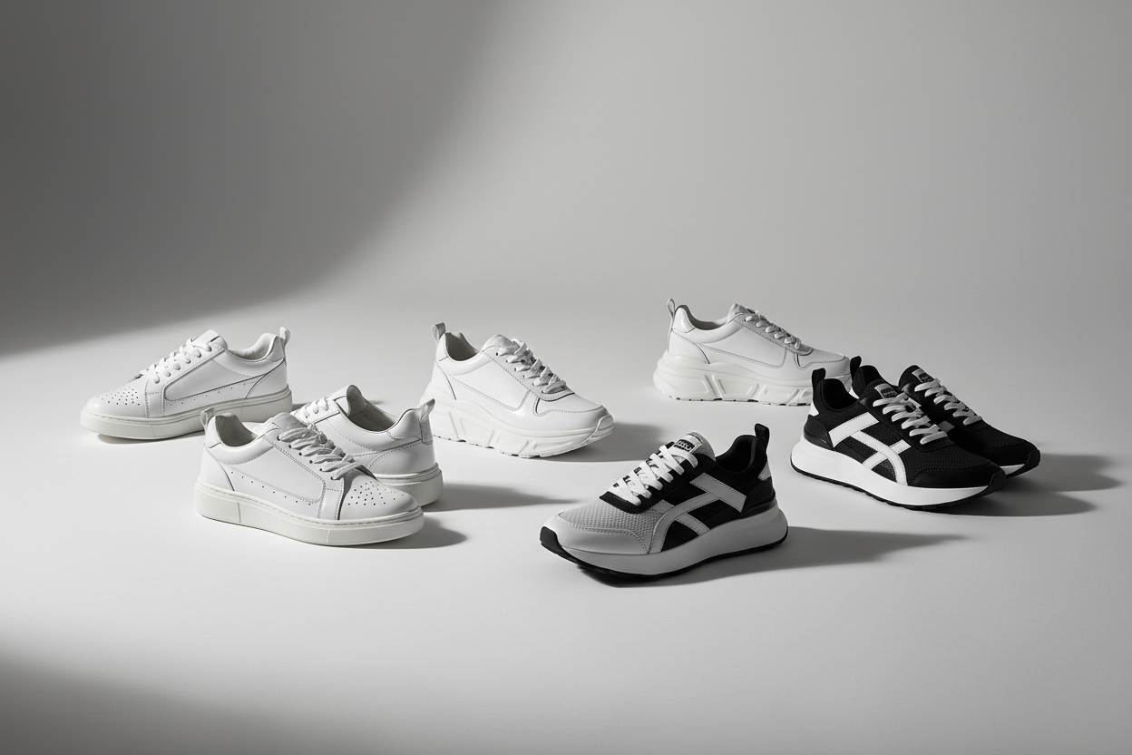 Discover the Hottest Designer Sneakers of 2023: A Must-See Collection featuring a variety of stylish white and black designer sneakers on a sleek gray background.