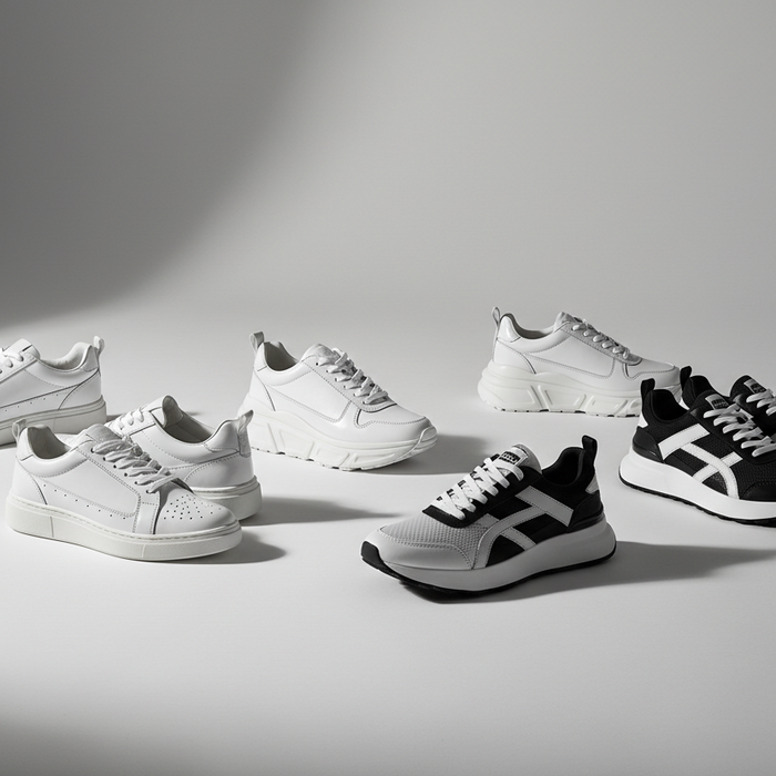 Discover the Hottest Designer Sneakers of 2023: A Must-See Collection featuring a variety of stylish white and black designer sneakers on a sleek gray background.