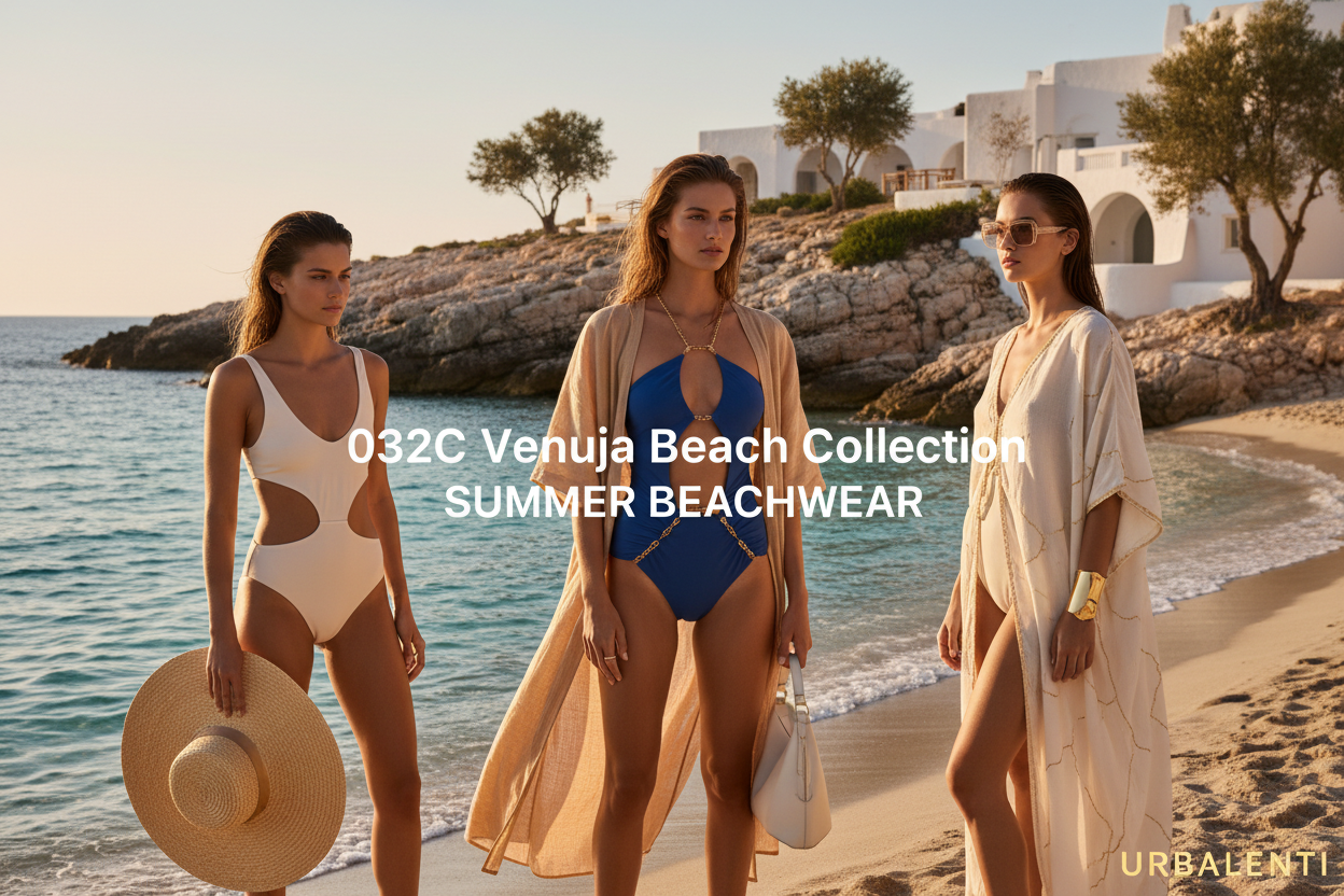 Three models showcasing the 032C Venuja Beach Collection featuring stylish swimsuits and beach cover-ups, perfect for summer beachwear.