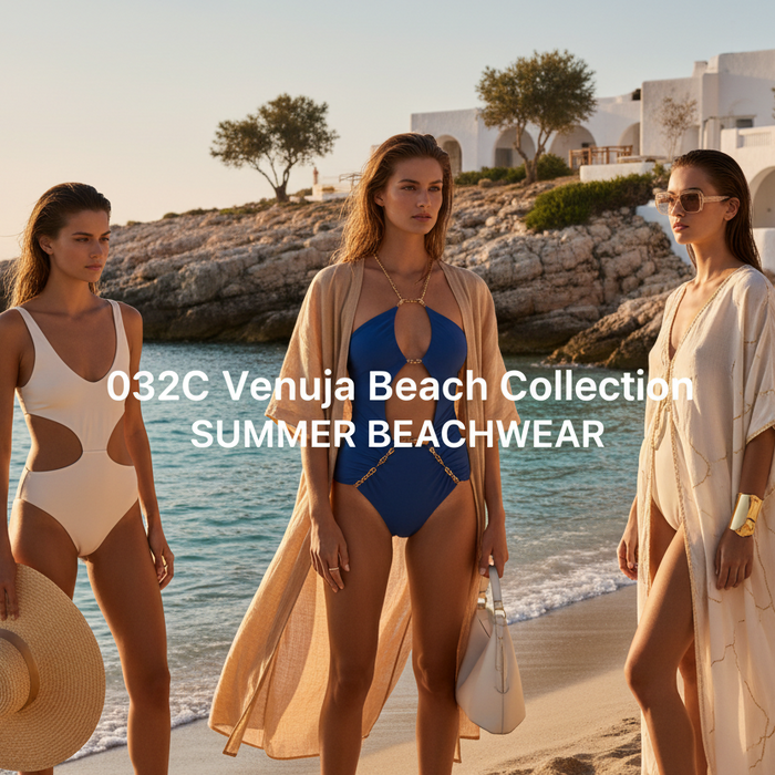 Three models showcasing the 032C Venuja Beach Collection featuring stylish swimsuits and beach cover-ups, perfect for summer beachwear.
