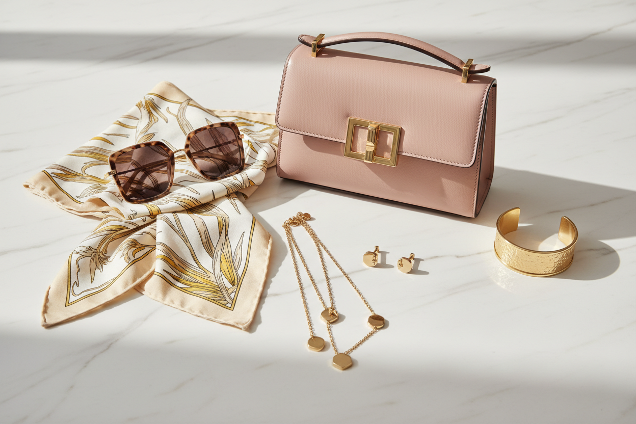 Stylish collection of designer accessories new arrivals featuring a chic handbag, trendy sunglasses, a luxurious silk scarf, elegant necklaces, and statement earrings, perfect for elevating your wardrobe.