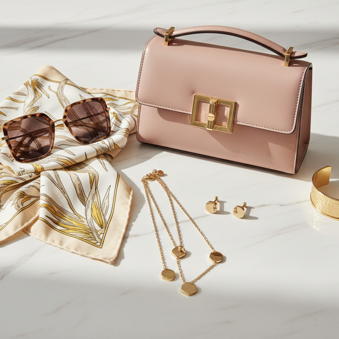 Stylish collection of designer accessories new arrivals featuring a chic handbag, trendy sunglasses, a luxurious silk scarf, elegant necklaces, and statement earrings, perfect for elevating your wardrobe.