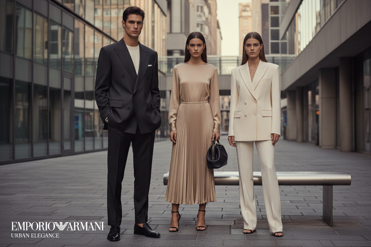 A stylish group showcasing Emporio Armani fashion trends in urban elegance. Two women and one man wear contemporary and sophisticated outfits, demonstrating the latest styles from Emporio Armani ideal for urban settings.
