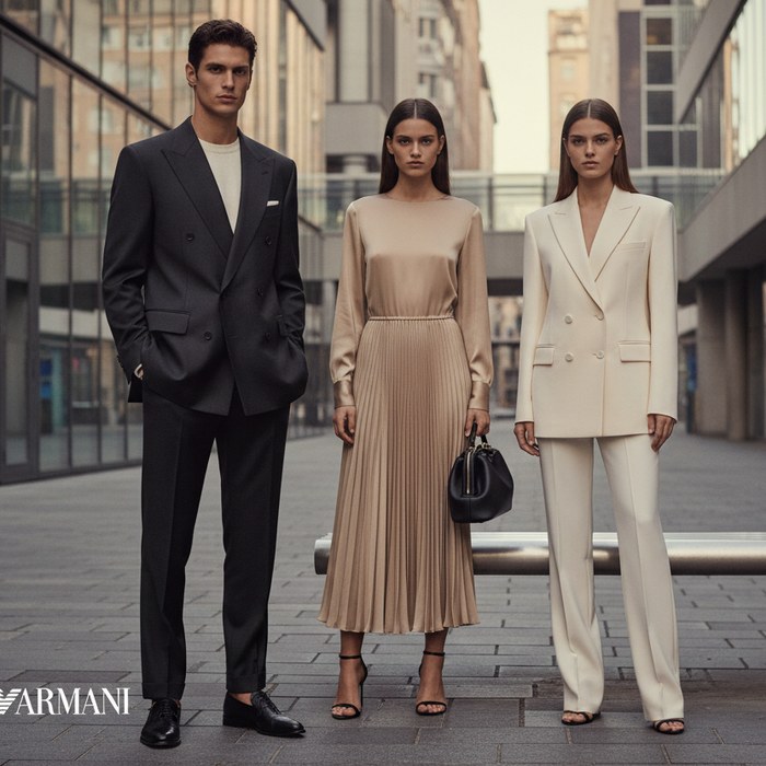 A stylish group showcasing Emporio Armani fashion trends in urban elegance. Two women and one man wear contemporary and sophisticated outfits, demonstrating the latest styles from Emporio Armani ideal for urban settings.