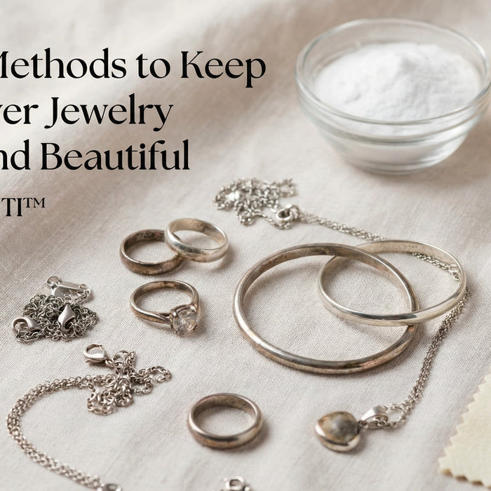 Simple methods to keep your silver jewelry bright and beautiful, showcasing various silver pieces and cleaning materials, as part of the guide on How to Clean Sterling Silver Jewelry.